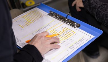 Hands holding a clipboard with a yellow highlighted document, reviewing a chart or schedule, with a focus on detailed project management or analysis.