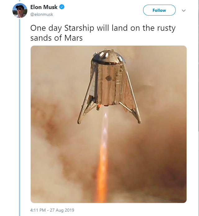 Elon Musk tweet with picture of Starhopper rocket in flight