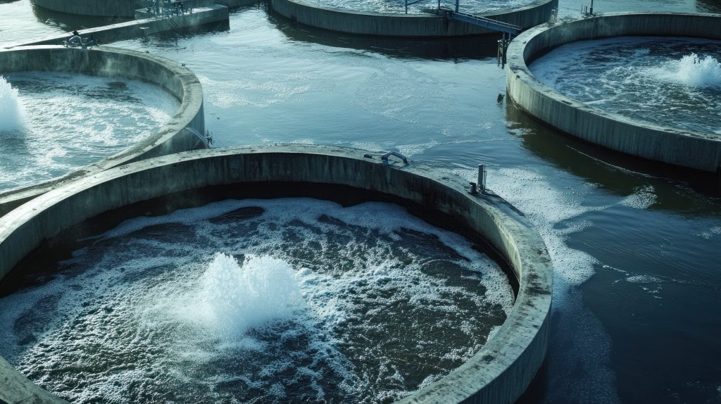 The aeration tanks are bustling with activity as powerful blowers pump oxygen into the water.