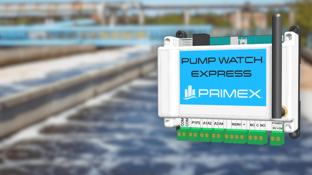 Pump Watch Express device by PRIMEX shown in front of a municipal water treatment facility with case study title overlay.